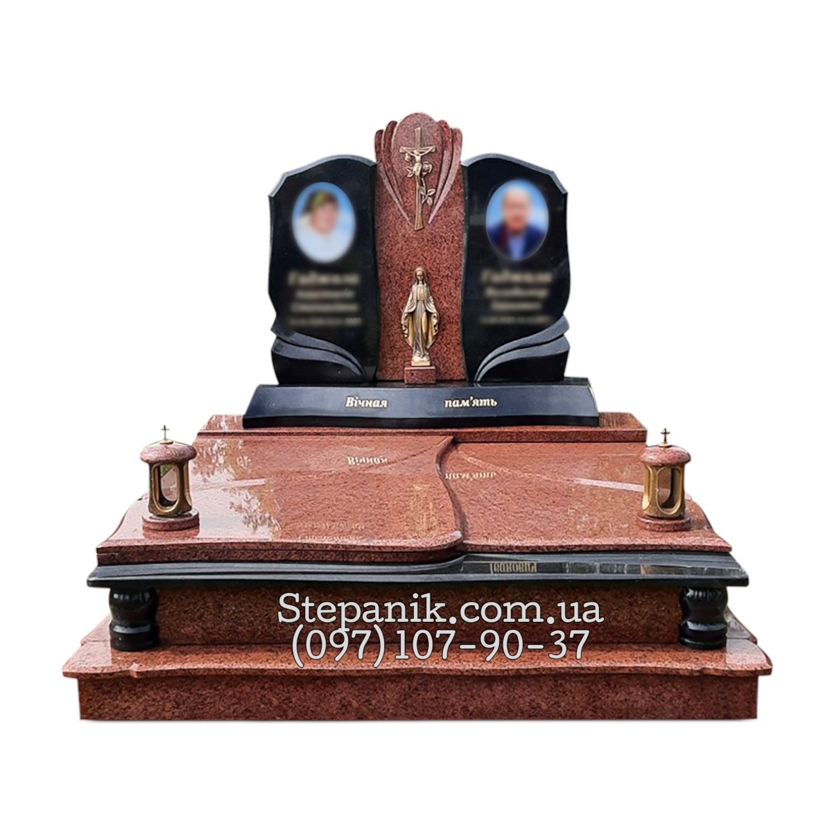 Двійний пам'ятник з граніту лізник та габро з хрестом (Модель 12)